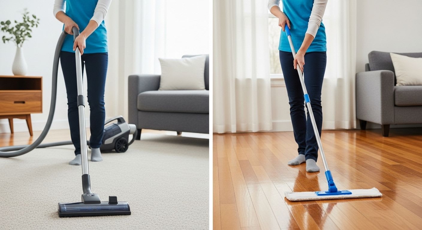 Moderne Bodenpflege in einem Wohnzimmer: Eine Person reinigt Teppich und wischt Parkett, um langanhaltende Sauberkeit und Schutz zu gewährleisten.