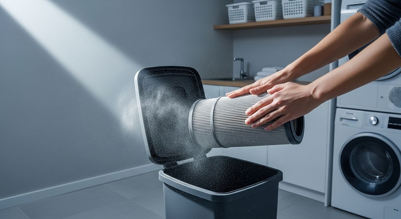 Eine Person klopft Staub aus einem Filter, um den Bosch Sensor Control Filter zu reinigen und die Saugleistung zu verbessern.