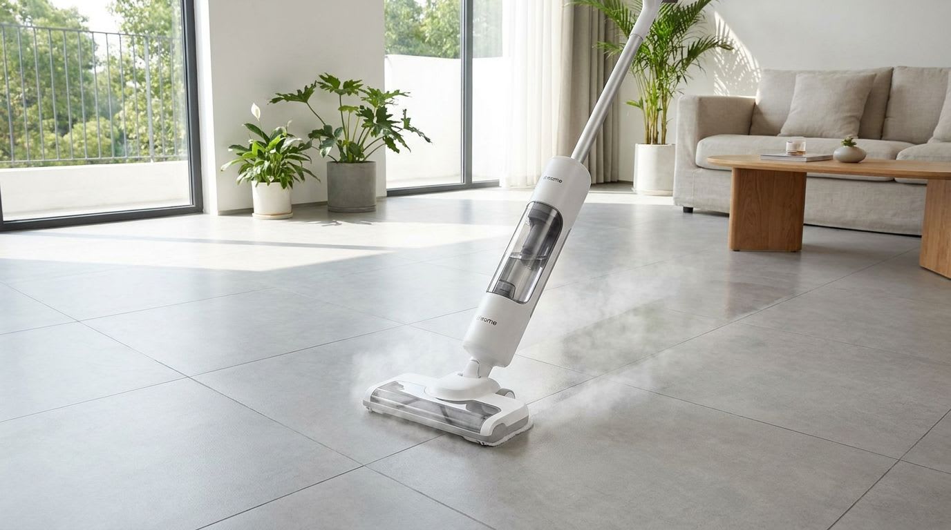 Ein leichter Dampfbesen als Dampfreiniger für Fliesen gleitet mühelos über einen großen, gefliesten Wohnzimmerboden. | Foto: Dreame Vacuum Cleaner