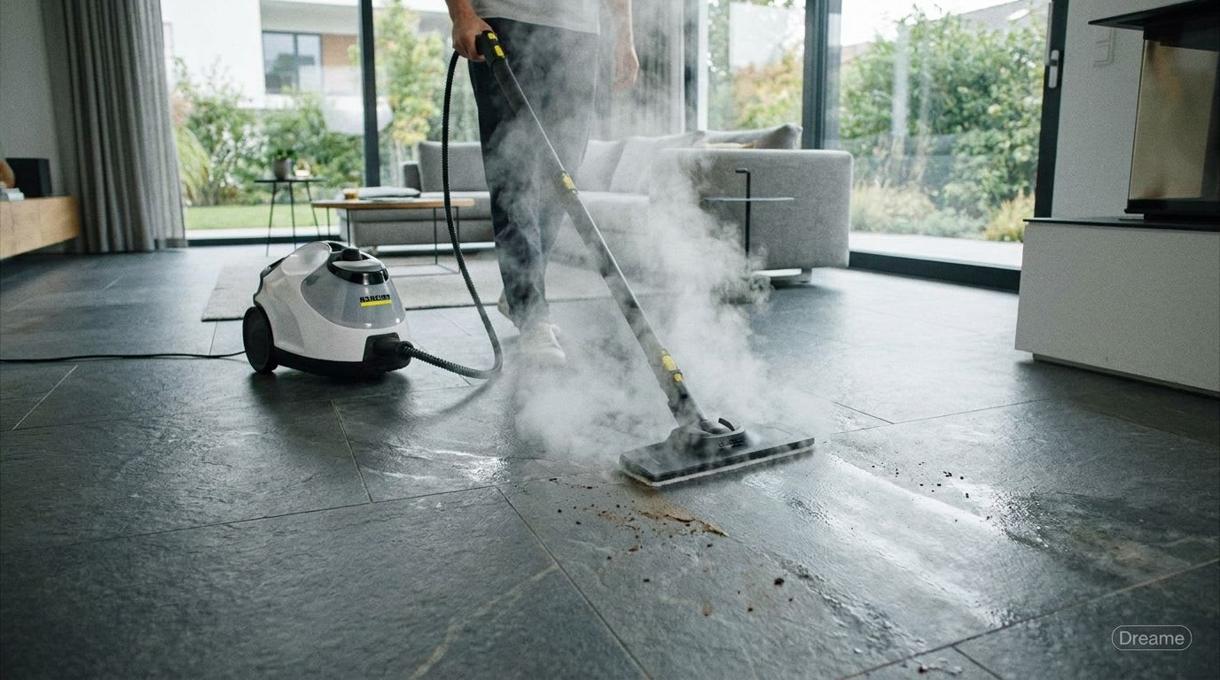 Ein leistungsstarker Kärcher Dampfreiniger im Einsatz, der für hygienische und chemiefreie Sauberkeit auf einem modernen Steinboden sorgt. | Foto: Dreame Vacuum Cleaner
