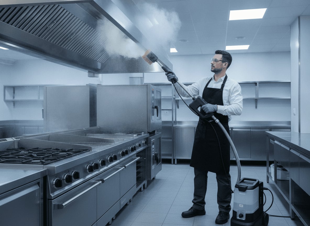 Ein Dampfreiniger Profigerät im Einsatz zur hygienischen Entfettung einer Edelstahl-Dunstabzugshaube in einer Großküche.
