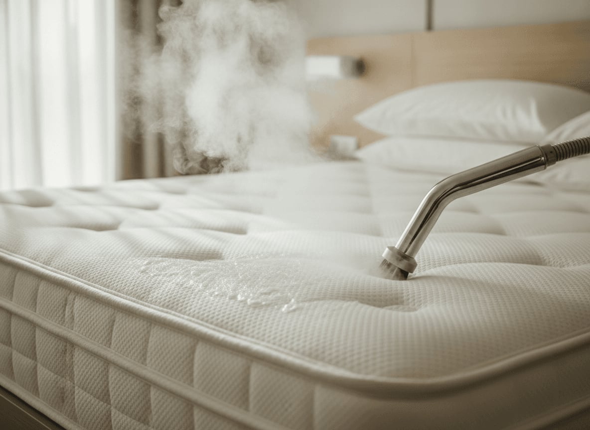 Tiefenreinigung einer Hotel-Matratze mit einem Dampfreiniger Profigerät zur Beseitigung von Keimen und Allergenen im Textil.