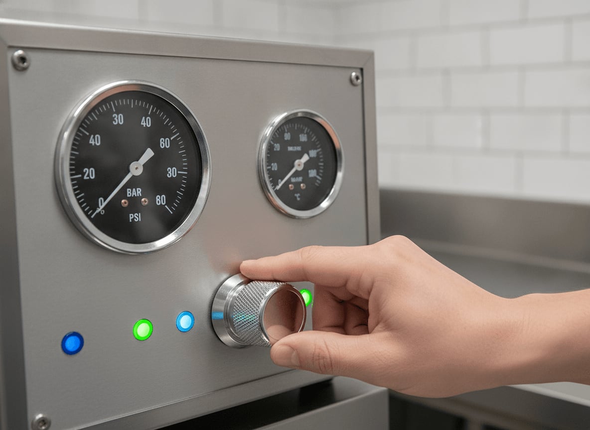 Nahaufnahme des Bedienfelds von einem Dampfreiniger Profigerät, das Manometer zeigt den hohen Dampfdruck für die Profi-Reinigung.