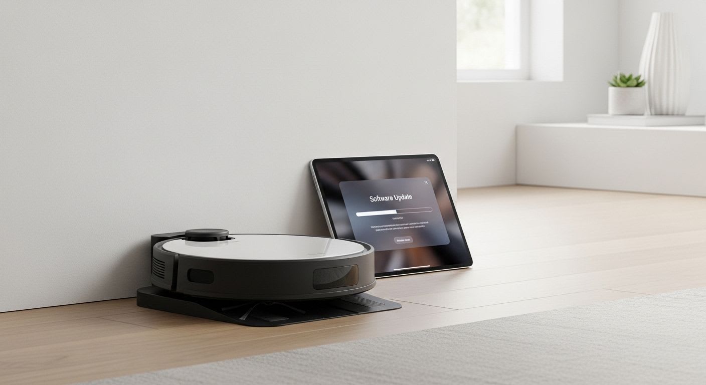 Saug-Wisch-Roboter auf Ladestation, daneben ein Tablet mit Software-Update, das die Vermeidung von Fehlern durch Updates darstellt.