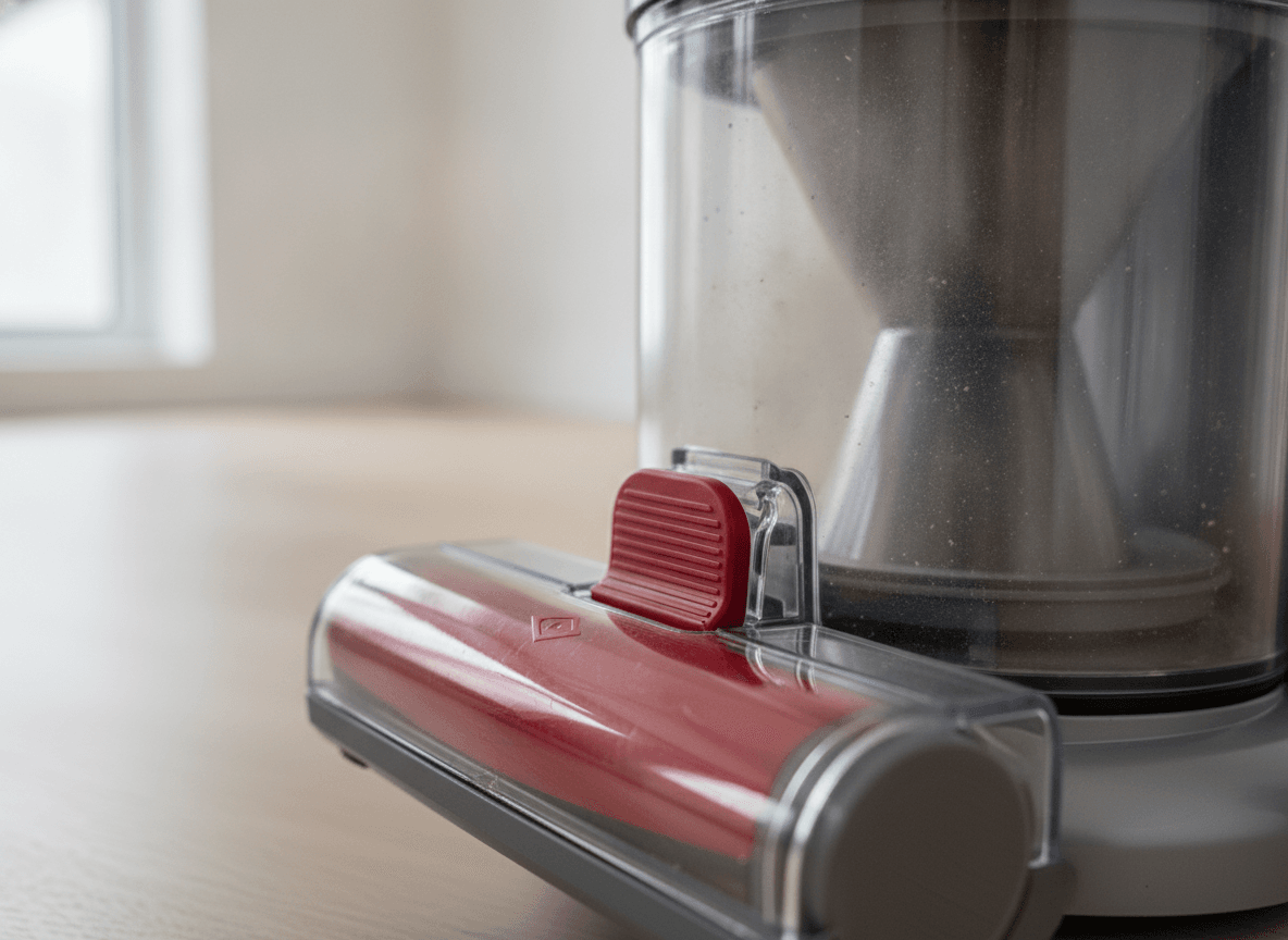 Der 'Point and Shoot' Mechanismus zum Dyson V10 Staubbehälter entleeren, mit Detailansicht des roten Hebels zum Öffnen.