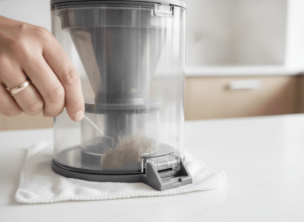 Wenn sich der Dyson V10 Staubbehälter nicht öffnen lässt: Eine Hand sucht im Inneren nach einer Blockade durch Schmutz.