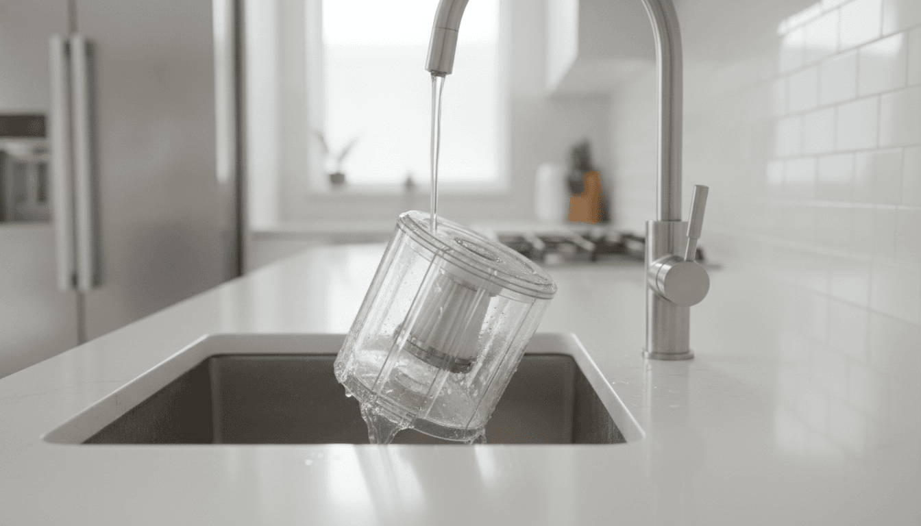 Anleitung zum Dyson V10 Staubbehälter reinigen: Der abgenommene, durchsichtige Behälter wird unter fließendem Wasser gespült.
