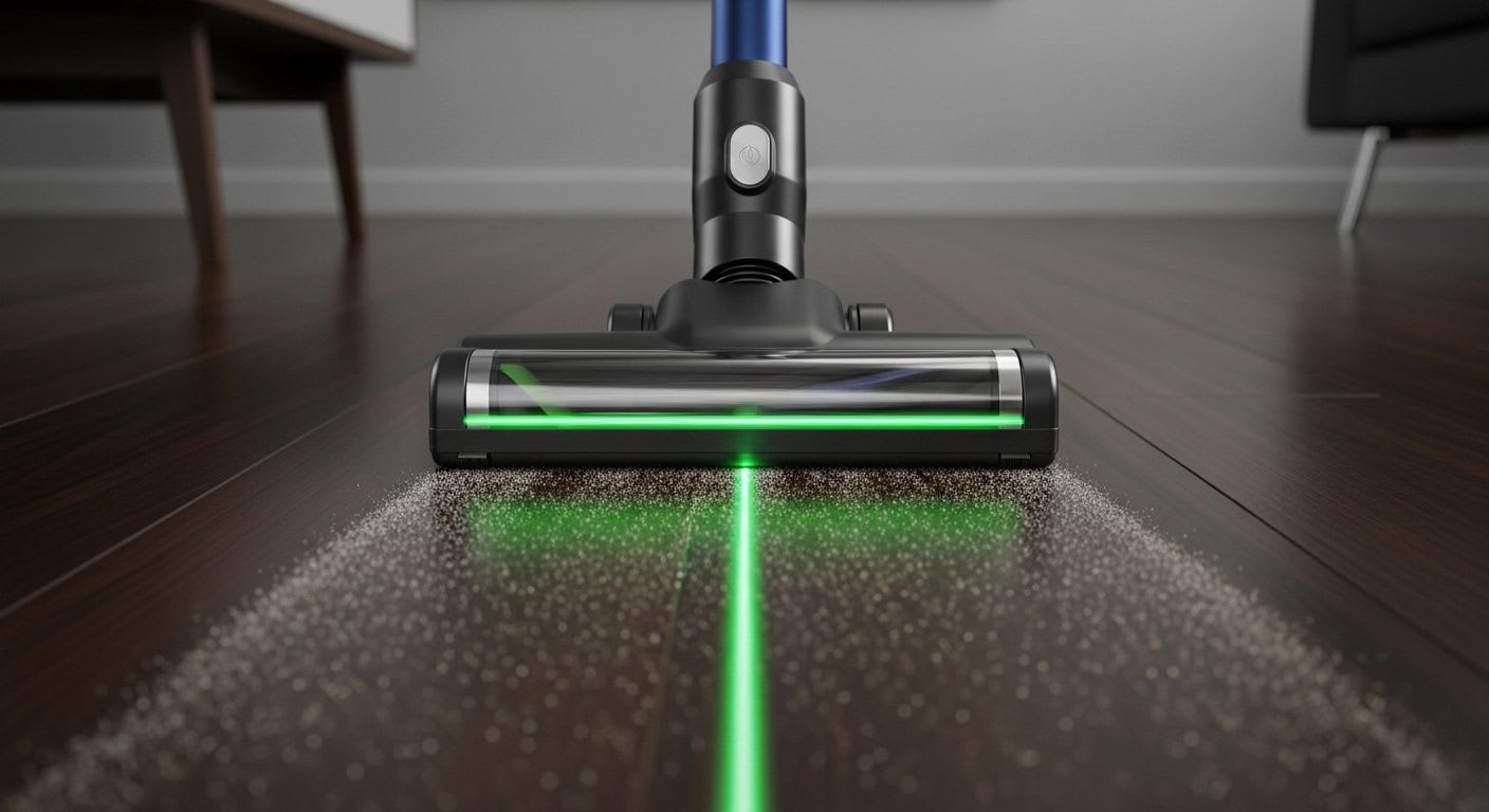 Ein Dyson Staubsauger mit Laser-Stauberkennung macht feinen Staub auf einem dunklen Parkettboden im Wohnzimmer sichtbar.