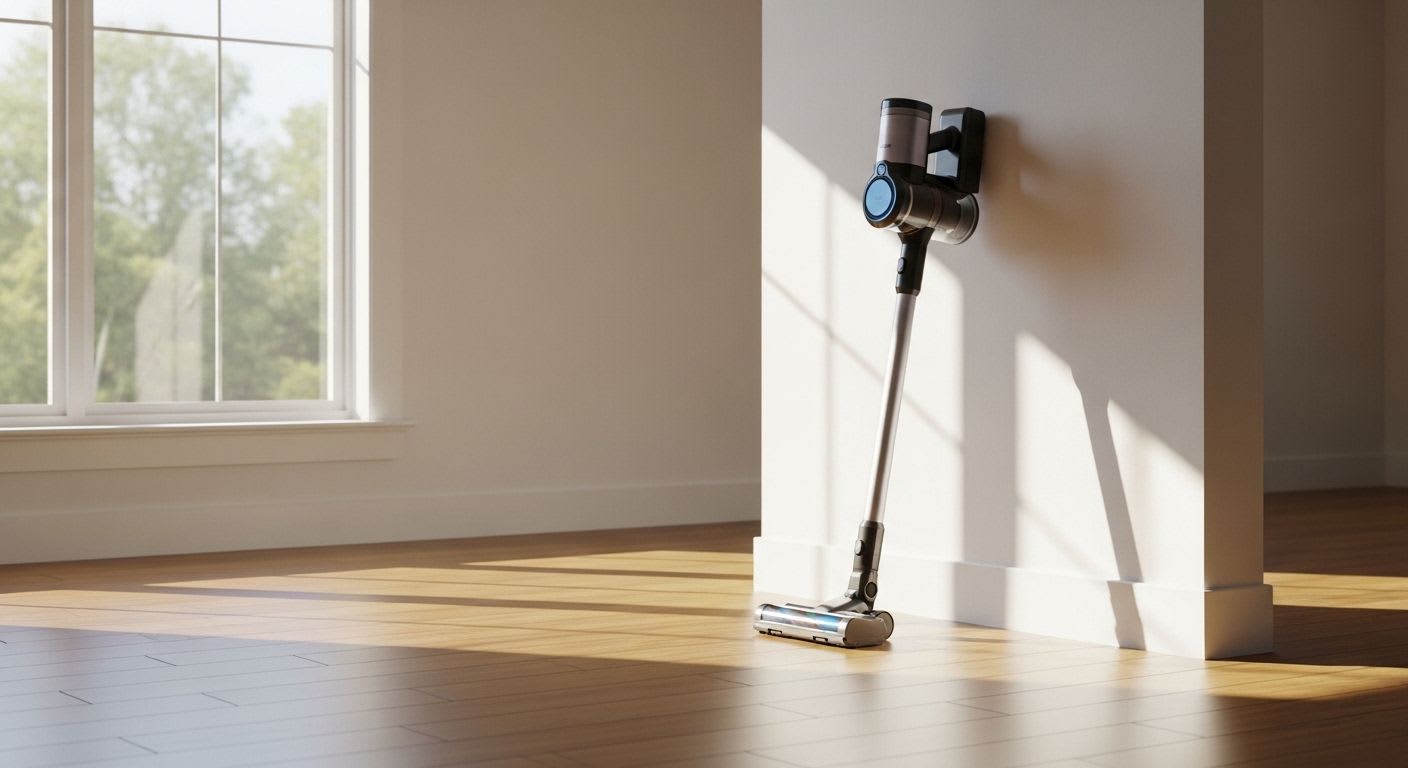Umfassender Guide zum Dyson V12 Detect Slim Absolute: Der leichte Akku-Staubsauger in einem modernen Wohnzimmer mit Holzboden.