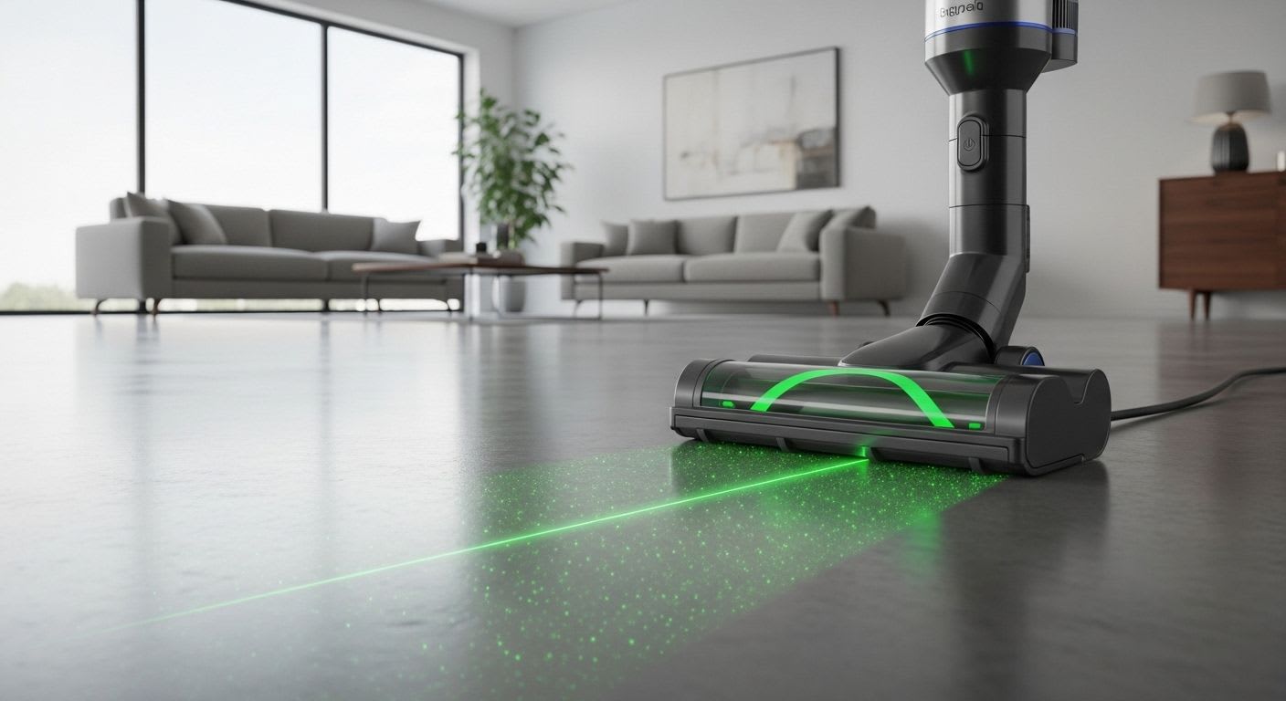 Der Dyson V12 Detect Slim mit Laser-Bodendüse macht unsichtbaren Staub auf Hartböden in einem modernen Wohnzimmer sichtbar.