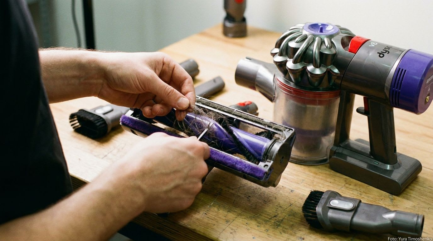 Anleitung zum Dyson V8 Bürste reinigen: Hände entfernen sorgfältig Haare von der Elektrobürste für eine optimale Saugleistung. | Foto: Yura Timoshenko