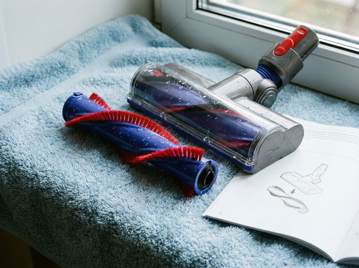 Die gereinigte Dyson V8 Bürste und der Bürstenkopf liegen zum Trocknen auf einem Handtuch, ein wichtiger Schritt der Anleitung. | Foto: Yura Timoshenko