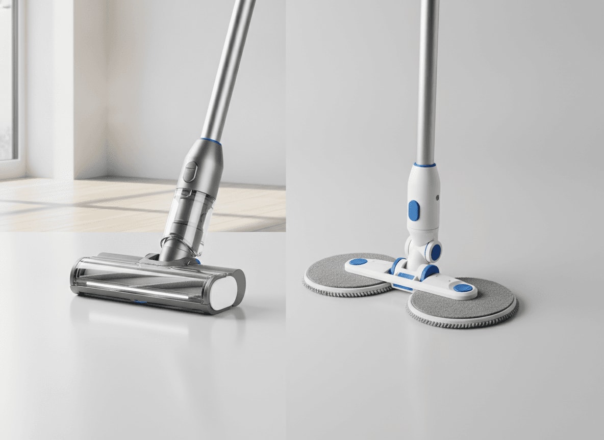 Vergleich zwischen dem Dyson Wischaufsatz Original und einer günstigeren Drittanbieter-Alternative mit rotierenden Wischpads.
