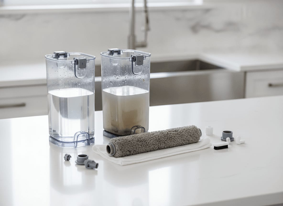 Die einzelnen Komponenten des Dyson Wischaufsatz Original, zerlegt zur Reinigung: Wassertanks und Mikrofaserwalze aufgereiht.