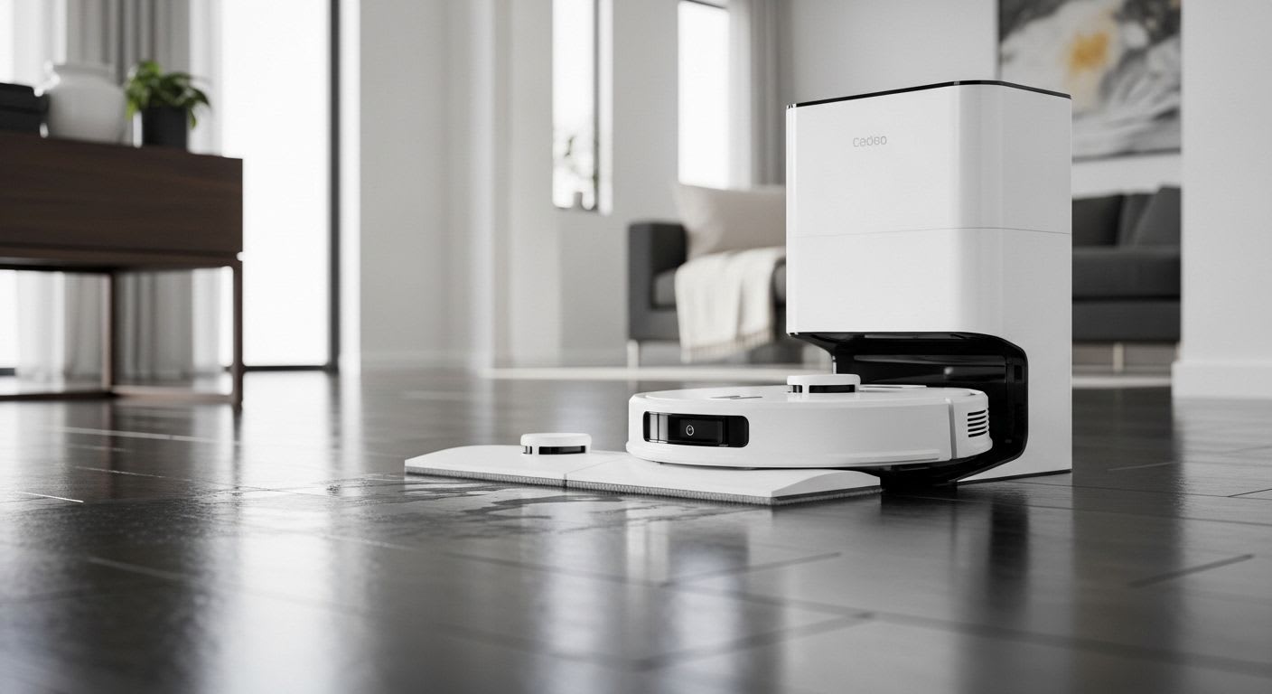 Der Ecovacs Deebot T80 Omni Saug- & Wischroboter reinigt einen modernen Hartholzboden und zeigt seine 2-in-1 Funktion.