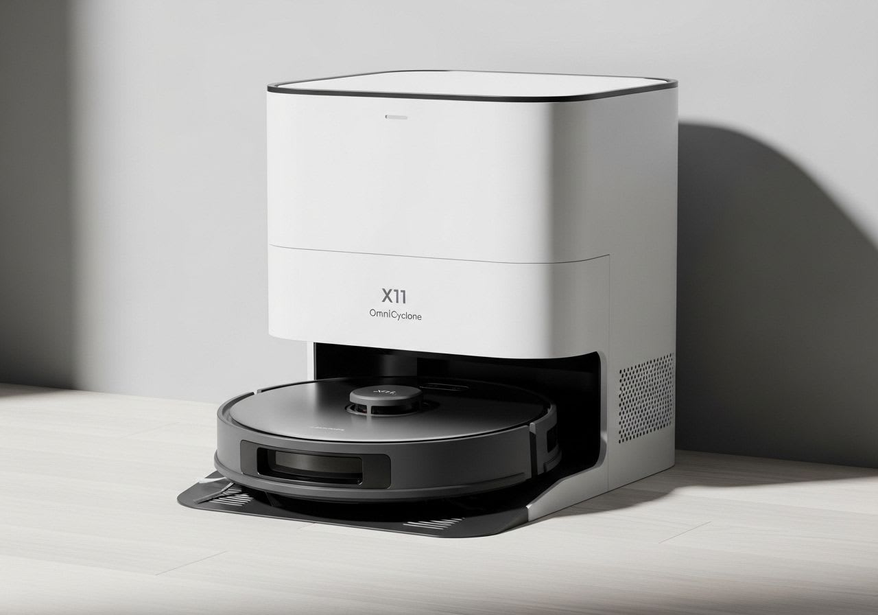 Der Ecovacs X11 OmniCyclone Saugroboter angedockt an seiner vollautomatischen Omni-Reinigungsstation mit Heißluft-Trocknung.
