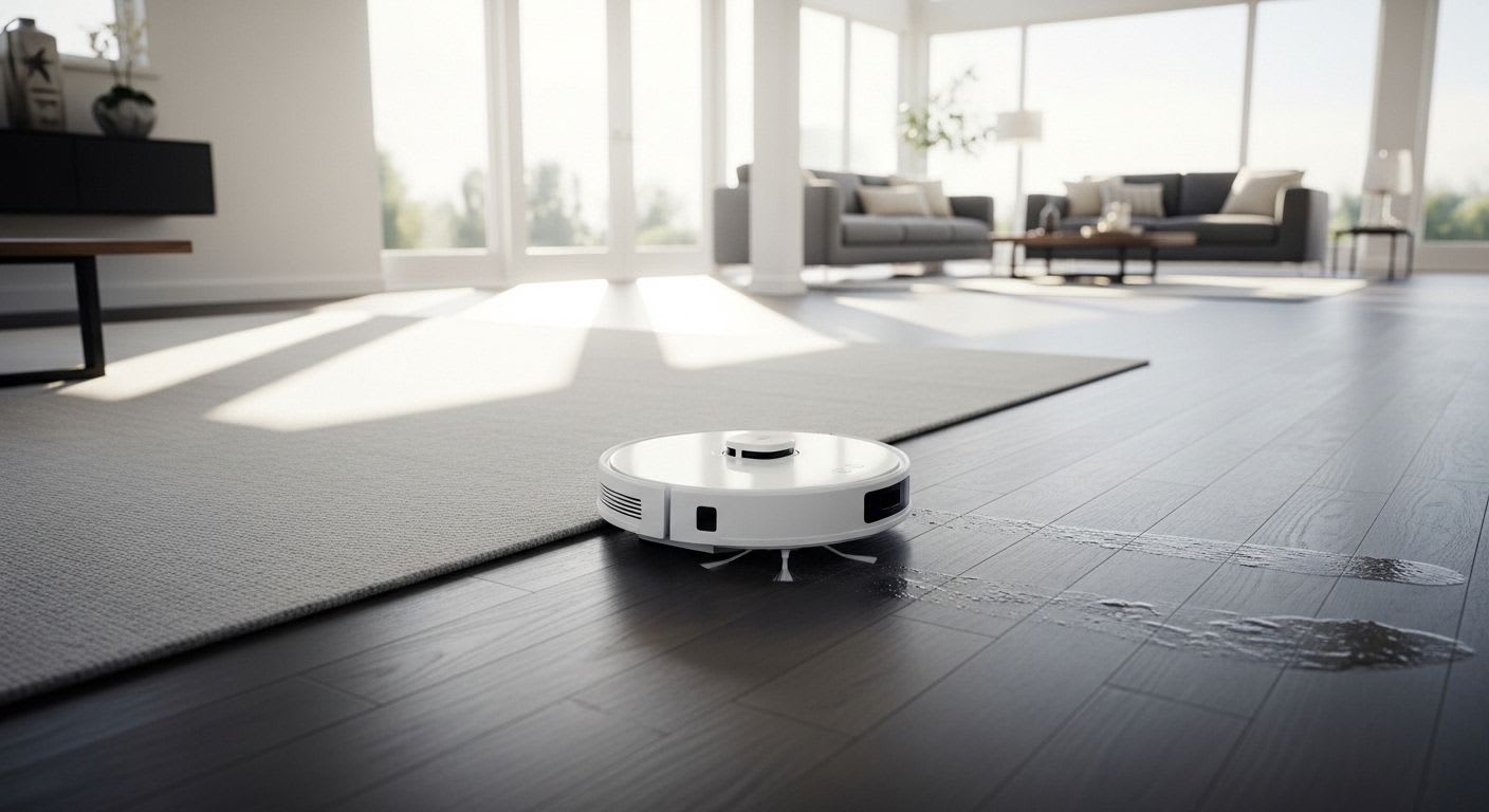 Der Ecovacs X11 OmniCyclone Saugroboter mit Wischfunktion bei der autonomen Reinigung eines modernen Wohnzimmers mit Parkett.