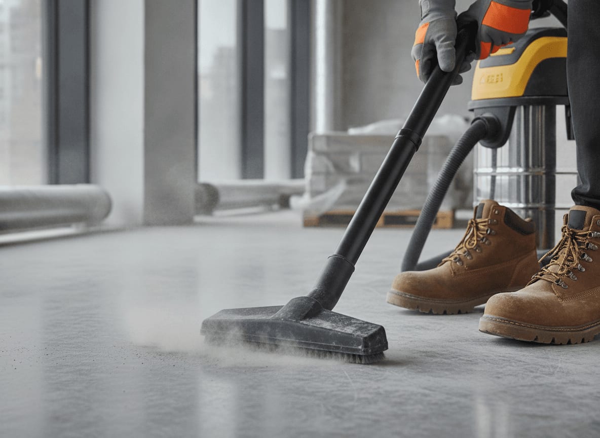 Handwerker nutzt einen Industriesauger der passenden Feinstaubklasse, um gesundheitsgefährdenden Baustaub sicher zu entfernen.