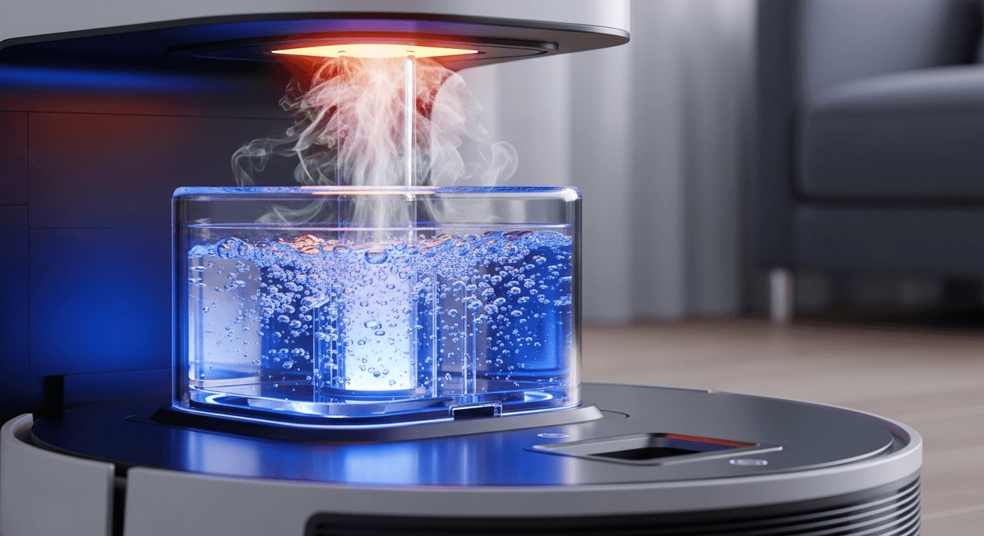 Makroaufnahme von kochendem Wasser und Dampf in den transparenten Schläuchen einer Wischroboter-Basisstation