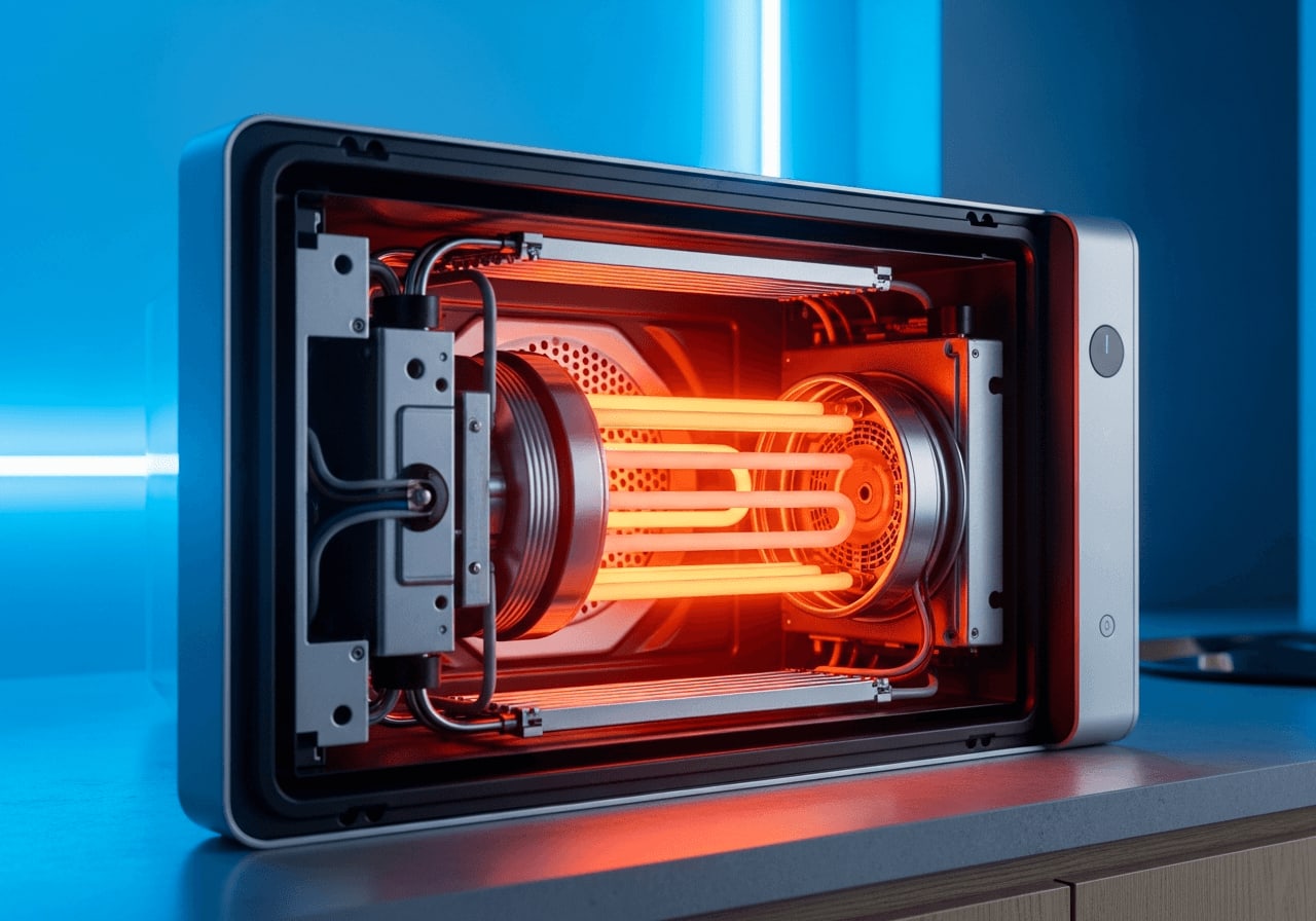Glühendes internes Heizelement in einem modernen Smart-Home-Gerät, schlankes Tech-Design