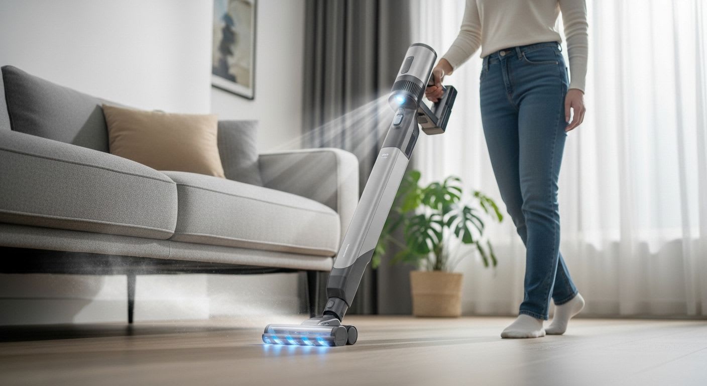 Ein kabelloser Akku-Staubsauger reinigt mühelos unter einem Sofa und zeigt seine Flexibilität für schwer erreichbare Stellen.