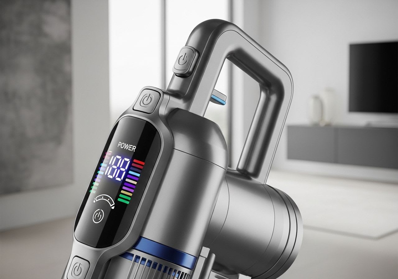 Nahaufnahme der Haupteinheit eines High-Tech kabellosen Staubsaugers, die das schlanke Design und die intuitiven Bedienelemente zeigt.