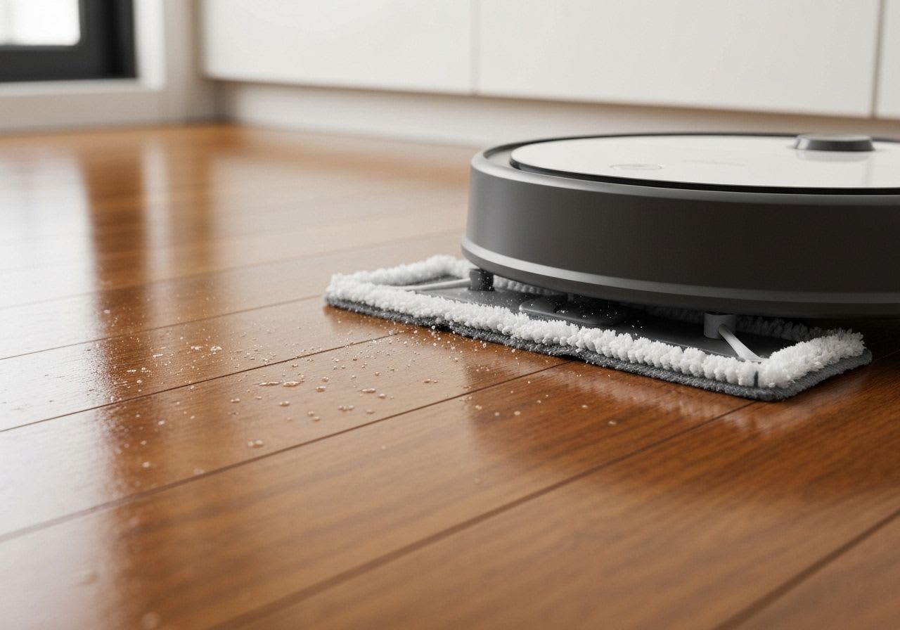 Die rotierenden Wischpads eines Saug-Wisch-Roboters reinigen effektiv Flecken auf glänzendem Hartholzboden, wichtig für die Kaufberatung.