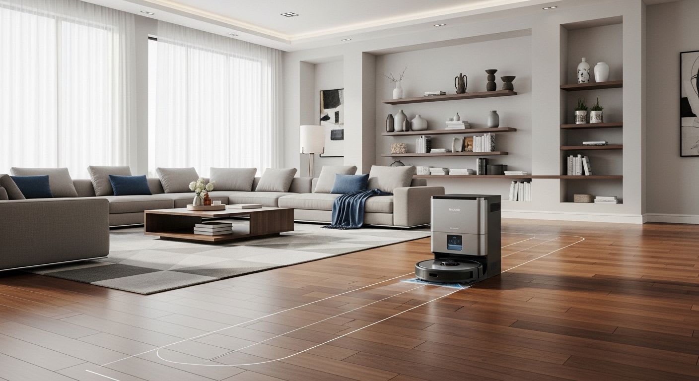 Fortschrittlicher Saug-Wisch-Roboter reinigt intelligent ein modernes Wohnzimmer mit Hartholz und Teppich, entscheidend für die Kaufberatung.