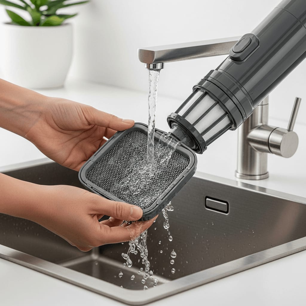 Pflege für den Akku-Handstaubsauger: Auswaschbare Vorfilter lassen sich einfach unter fließendem Wasser reinigen.