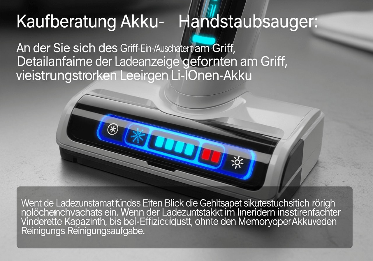 Kaufberatung Akku-Handstaubsauger: Detailaufnahme der Ladeanzeige am Griff, die einen leistungsstarken Li-Ion-Akku zeigt.