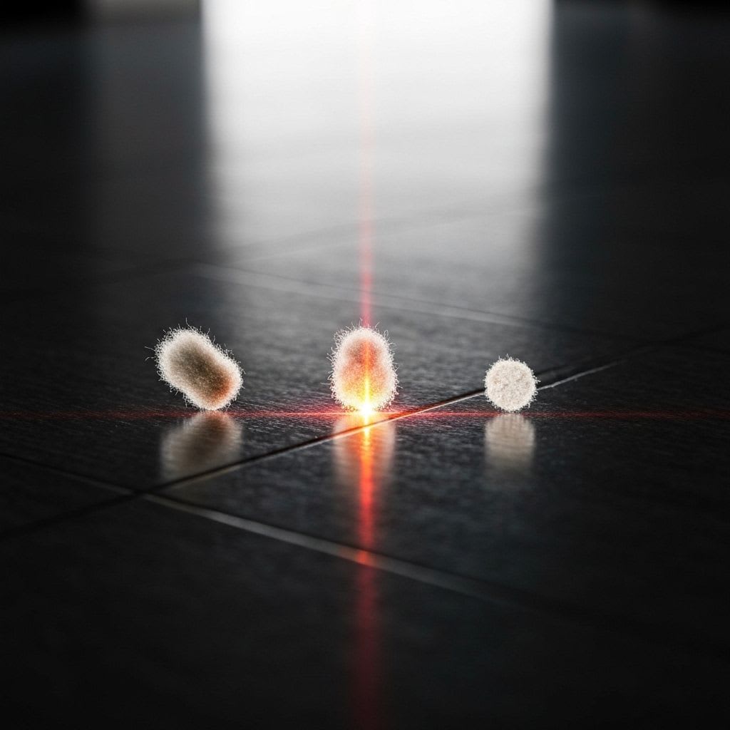 Makroaufnahme von Staubpartikeln, die von einem grünen Laserstrahl beleuchtet werden, um die Laser-Stauberkennung zu verdeutlichen.