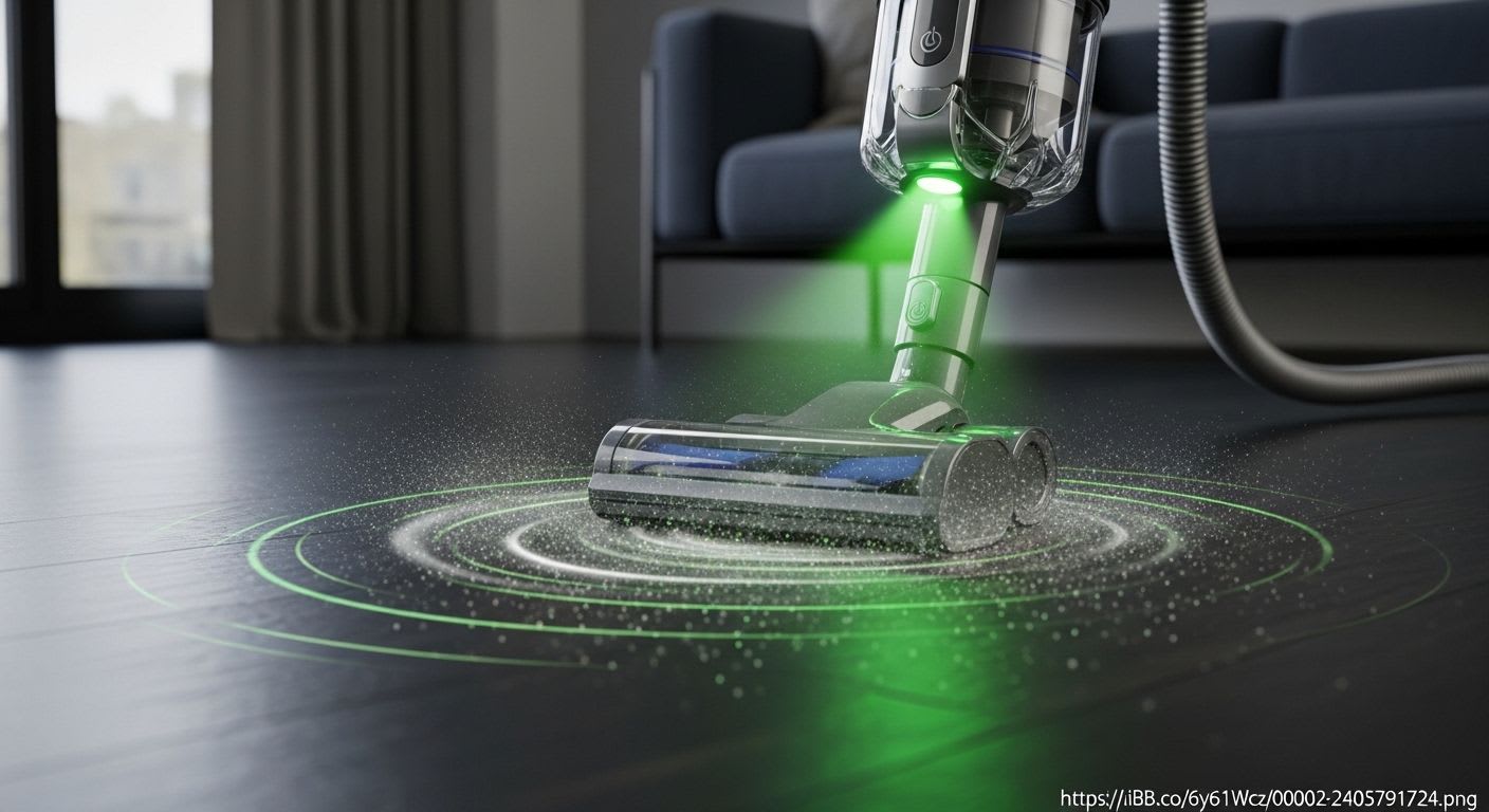 Ein moderner Akku-Staubsaugerkopf mit grünem Laser, der feine Staubpartikel auf einem dunklen Boden sichtbar macht, demonstriert Laser-Stauberkennung.