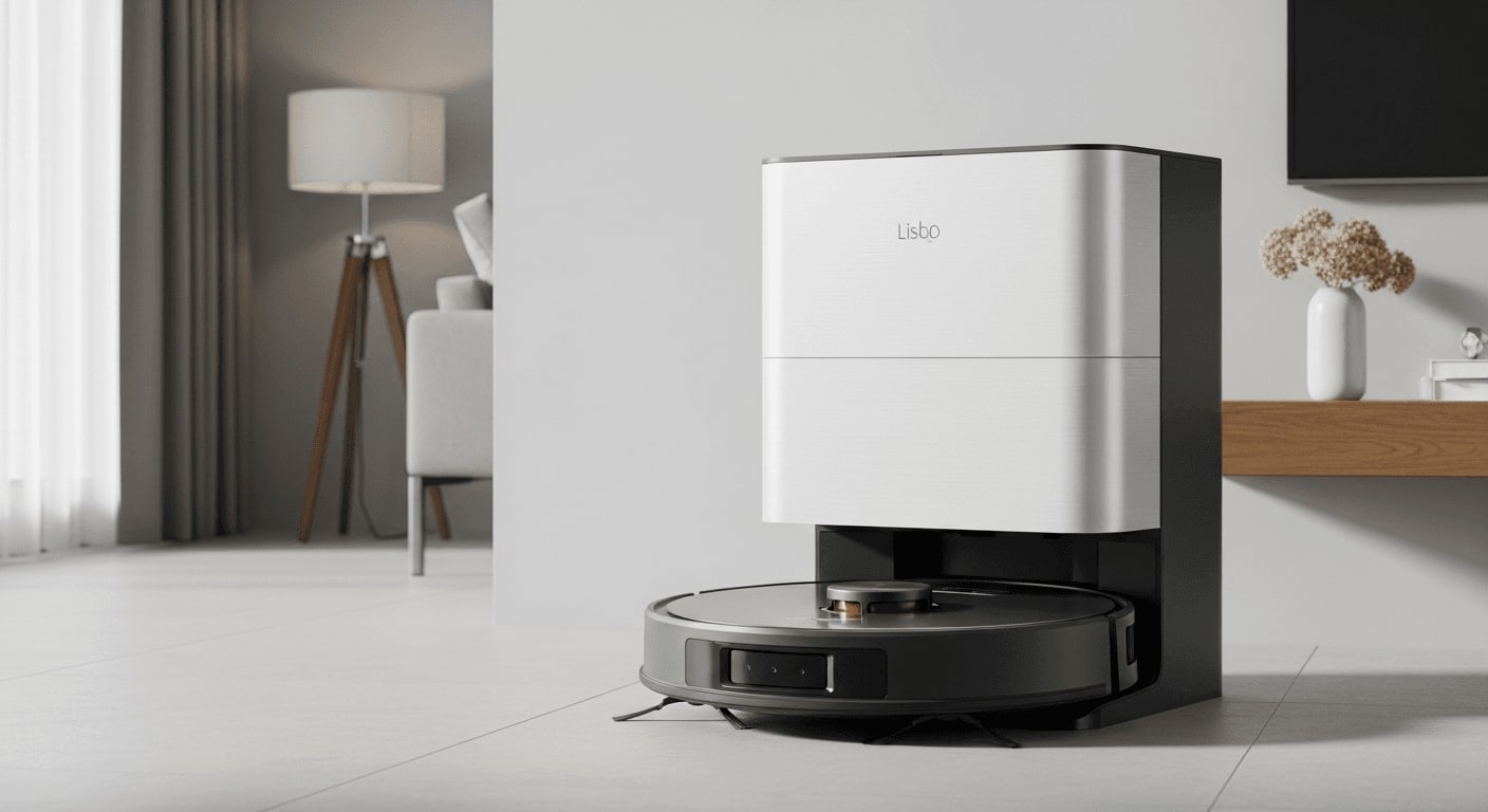 Saugroboter mit rotierendem Lidar-Sensor, futuristisches Design, dunkler Raum mit Lichtstrahlen, kinoreife Aufnahme