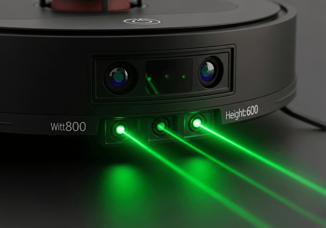 Nahaufnahme eines Lidar-Sensors auf einem Saugroboter, grüne Laserstrahlen sichtbar, technisches Detail