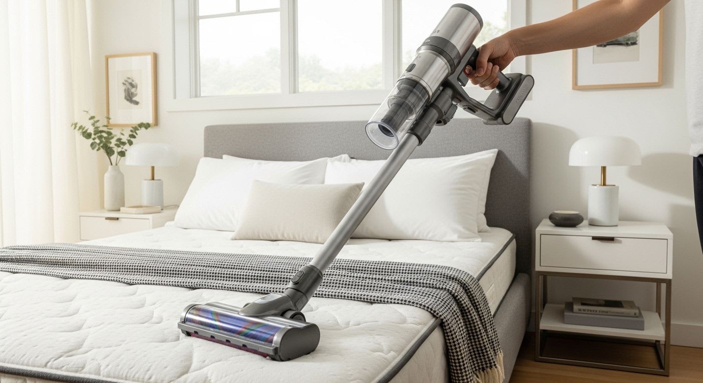 Eine Person führt das Absaugen einer Matratze mit einem Akku-Staubsauger durch, um Milben und Allergene effektiv zu bekämpfen.