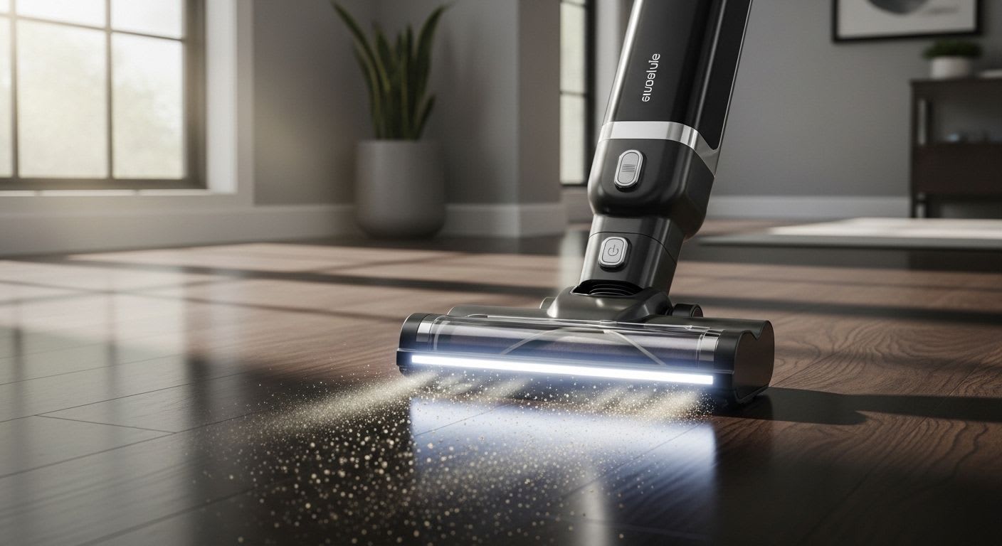 Ein leistungsstarker Miele Staubsauger kabellos in Aktion, der mit seiner LED-Bodendüse Staub auf Parkett aufsaugt.