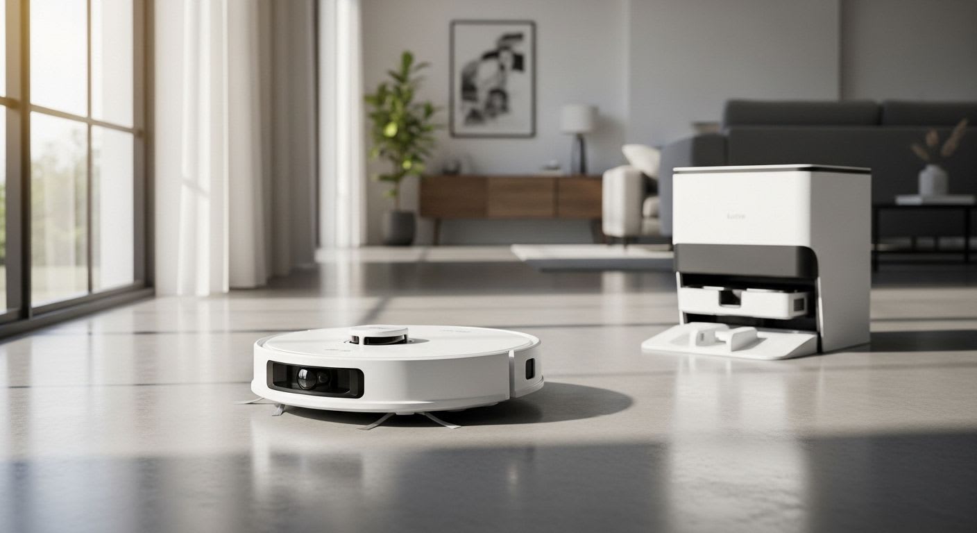 Ein innovativer Mova Saugroboter mit LiDAR-Sensor und Absaugstation navigiert selbstständig durch ein modernes, sonnendurchflutetes Wohnzimmer.