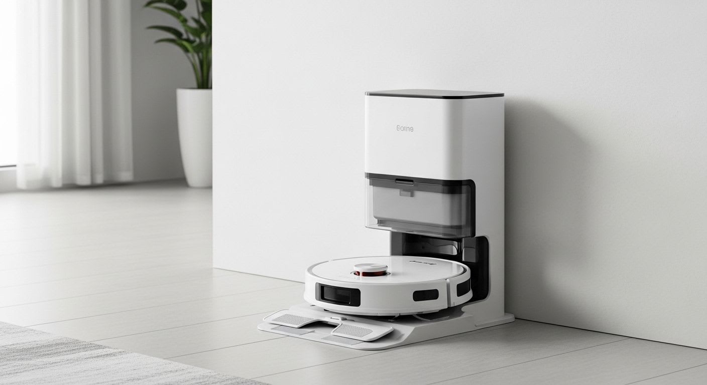 Der Mova V50 Ultra Complete Saugroboter lädt an seiner vollautomatischen Absaug- und Reinigungsstation in einem modernen Zuhause.