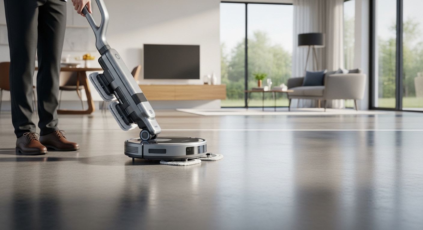 Der Mova V50 Ultra Complete Saugroboter mit Wischfunktion reinigt autonom einen modernen Boden in einem hellen Wohnzimmer.