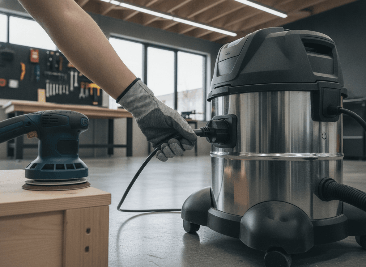 Ein Elektrowerkzeug wird an die Steckdose eines Nass und Trockensaugers angeschlossen, was die komfortable Automatik-Funktion zeigt.