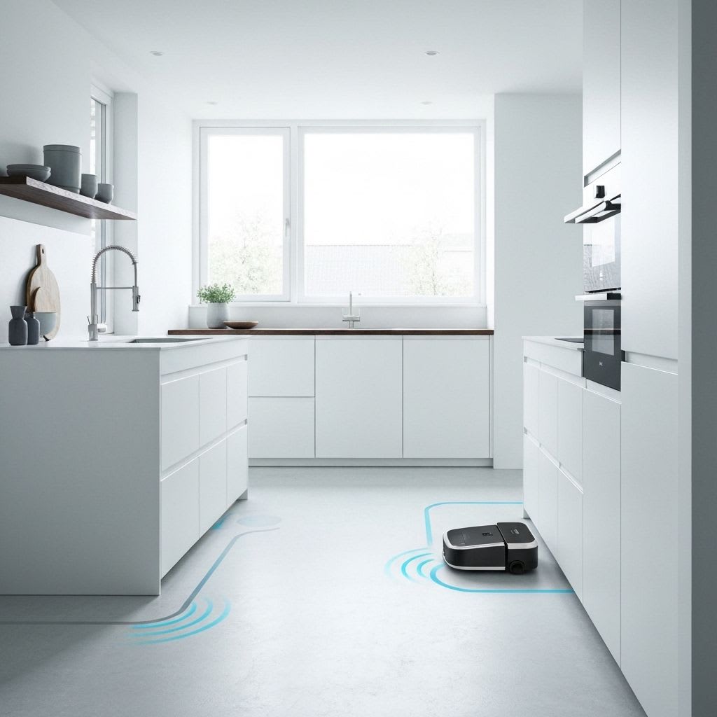 Wischroboter 2026 in einem Smart Home, gesteuert über App auf Tablet, symbolisiert nahtlose Integration durch Matter-Standard.