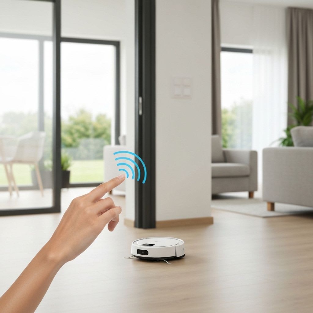Hand steuert Wischroboter 2026 via Sprachbefehl über Smart-Home-Gerät, intuitive Steuerung der neuen Modelle.