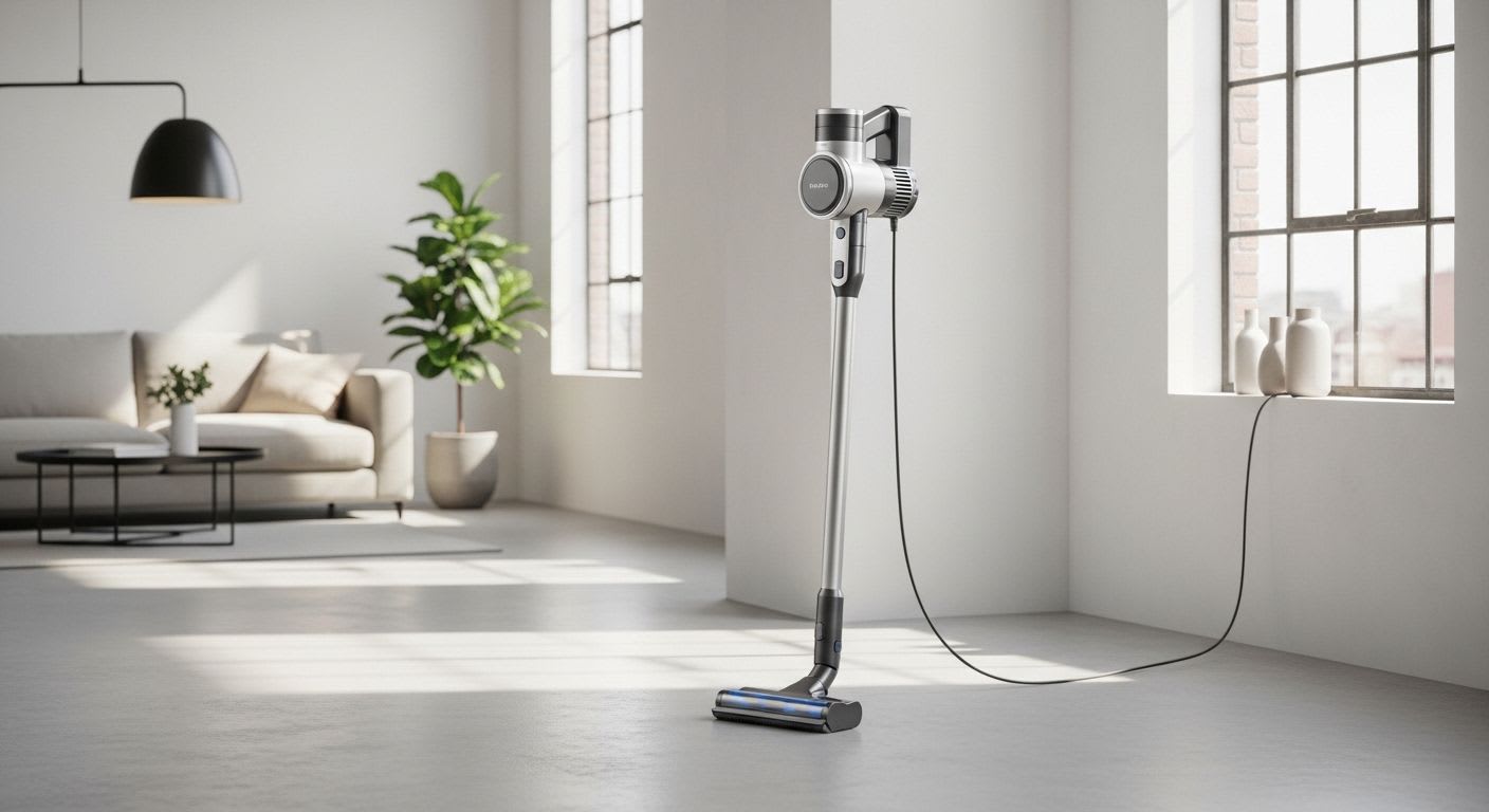 Ein eleganter Philips Staubsauger kabellos mit Wischfunktion gleitet über einen modernen Wohnzimmerboden für maximale Freiheit.