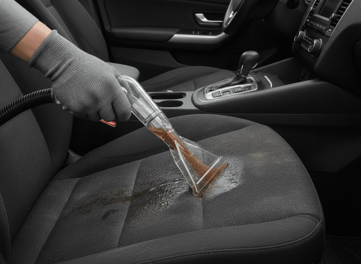 Ein spezieller Polsterreiniger bei der Reinigung eines Autopolsters, das schmutzige Wasser wird sichtbar aus den Fasern gezogen.