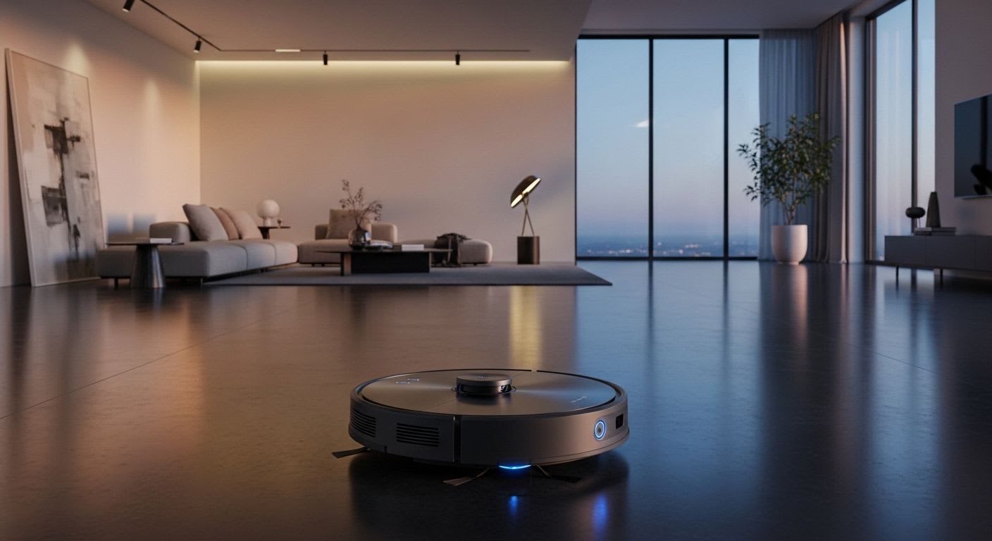 Ratgeber Smart-Home-Saugroboter: Ein autonomer Saugroboter reinigt ein modernes Wohnzimmer bei atmosphärischer Beleuchtung.
