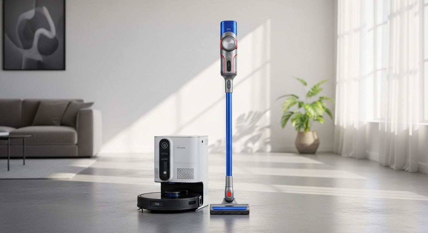 Das Roborock F25 Combo System mit Saugroboter und Akku-Sauger in einem modernen Wohnzimmer mit elegantem Design.