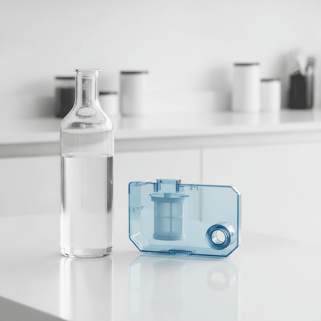 Eine Flasche destilliertes Wasser neben dem Tank als sichere Roborock Reinigungsmittel Alternative für Saugroboter.