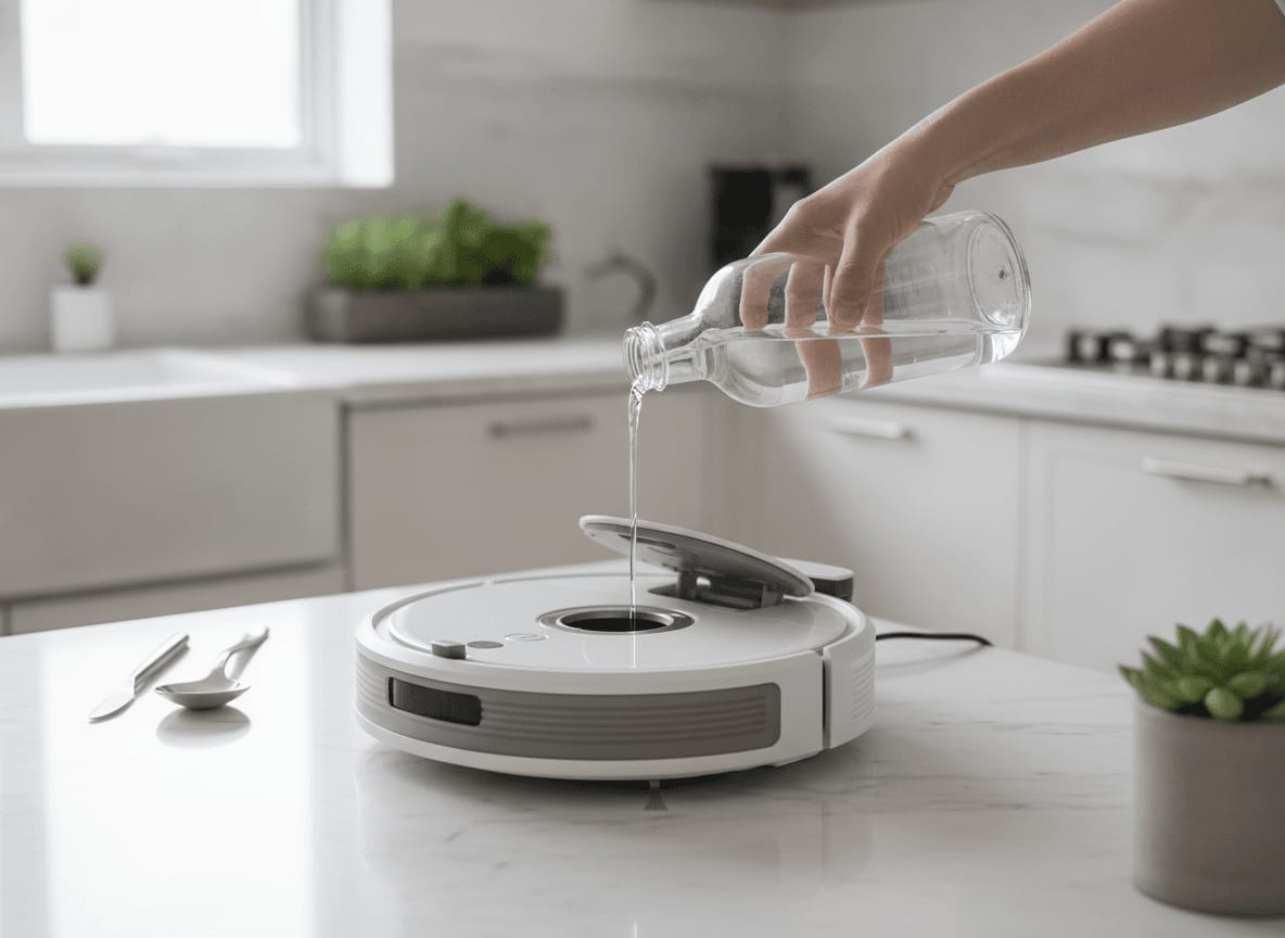 Eine Person füllt vorsichtig eine Roborock Reinigungsmittel Alternative aus einer neutralen Flasche in den Wassertank eines Saugroboters.