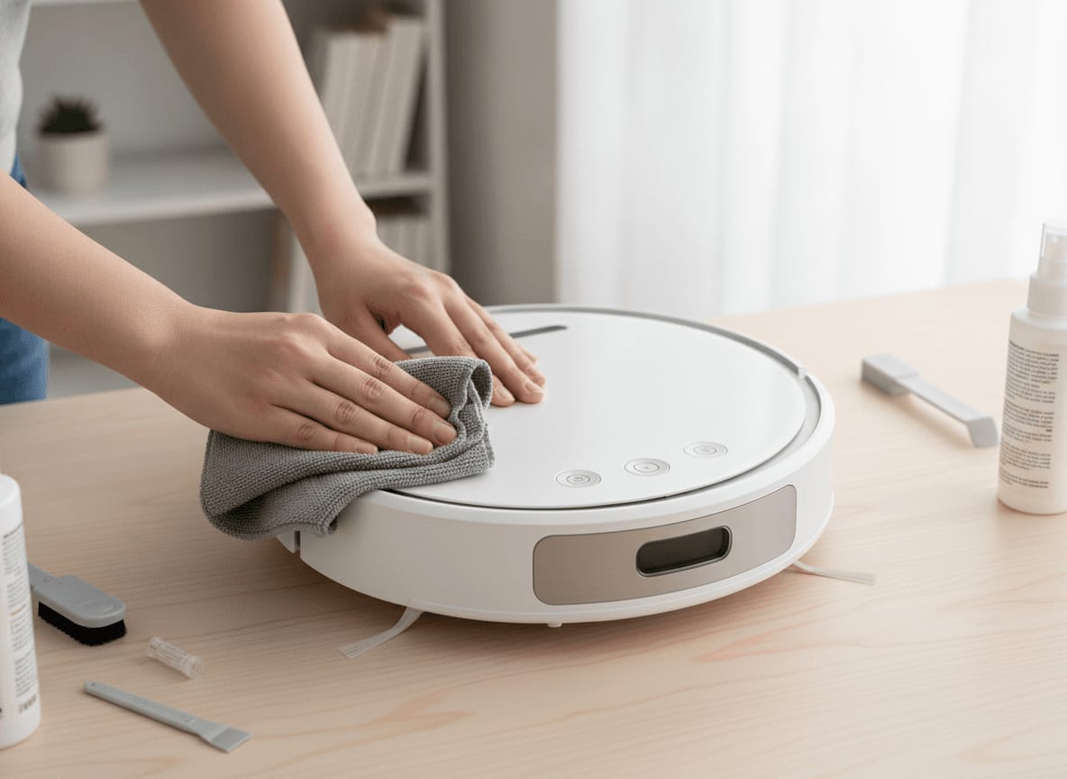 Regelmäßige Wartung: Die Sensoren eines Roboters werden sorgfältig gereinigt, wichtig bei jeder Roborock Reinigungsmittel Alternative.