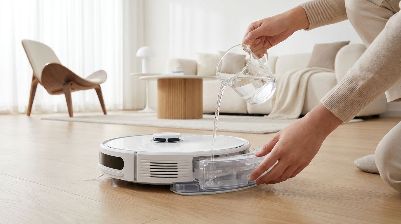 Eine Person füllt eine sichere Roborock Reinigungsmittel Alternative in den Wassertank eines modernen Saug-Wisch-Roboters im Wohnzimmer.